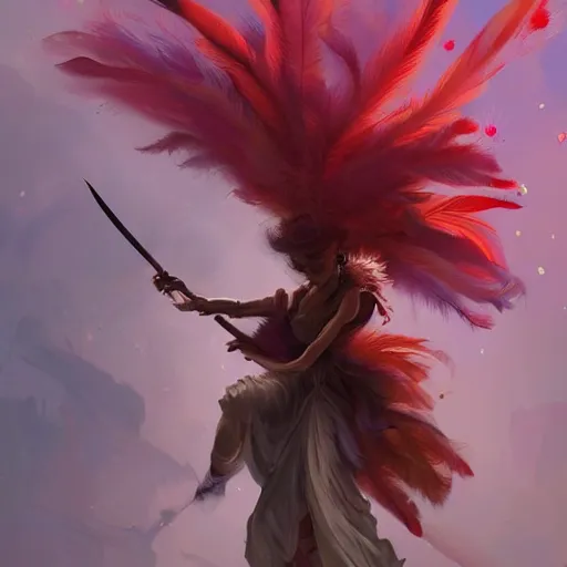 Image similar to a painting of a woman who made of curly red edges feathers is holding a sword, a digital painting by peter mohrbacher, trending on artstation, metaphysical painting, speedpainting, made of feathers, digital painting, holographic undertones, highly saturated colors, 4 k, digital art, concept art, trending on artstation