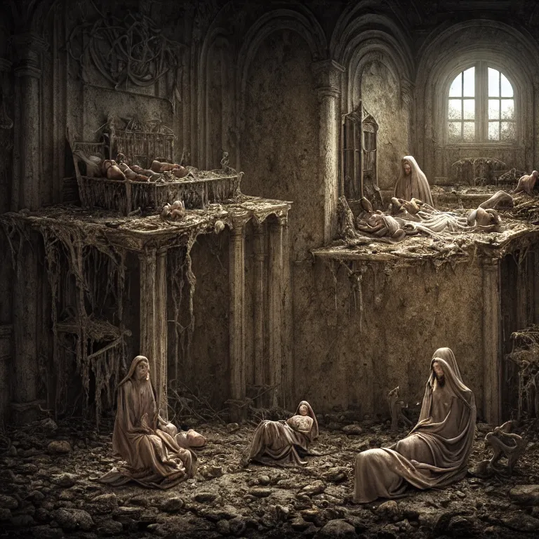 Prompt: ribbed abandoned Nativity of Jesus scene, baroque painting, standing in a desolate empty wasteland, creepy, nightmare, dream-like heavy atmosphere, surreal abandoned buildings, beautiful detailed intricate insanely detailed octane render trending on Artstation, 8K artistic photography, photorealistic, chiaroscuro, Raphael, Caravaggio, Beksinski, Giger