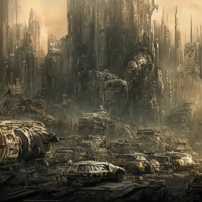 Image similar to beautiful apocalyptic sci-fi cyberpunk overpopulated city, filled with mad max panzer tanks, hyper-detailed, smooth, sharp focus, 4k ultra hd, fantasy dark art, tank girl, artgerm, artstation, octane render, elegant, detailed digital painting, apocalyptic art, Francis bacon, gears of war, unreal engine, 3d depth map