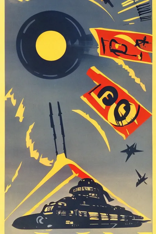 Image similar to ussr propaganda poster of 1 9 5 0 s nuclear war, futuristic design, dark, washed out color, centered, art deco, 1 9 5 0's futuristic, glowing highlights, intense