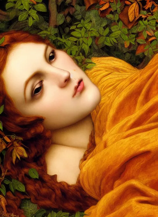 Image similar to masterpiece beautiful seductive flowing curves preraphaelite face portrait amongst leaves, extreme close up shot, straight bangs, thick set features, yellow ochre ornate medieval dress, raven, laying amongst foliage mushroom forest circle arch, frederic leighton and kilian eng and rosetti, 4 k