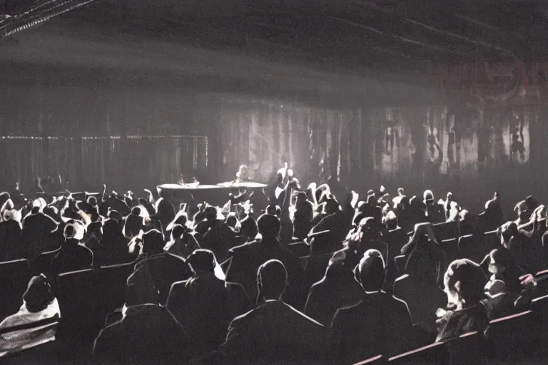 Prompt: a dark conference hall, people cheering at the man on stage, atmospheric and obscure, red neon light, by roger deakins, cinematography, syd mead, dave mckean