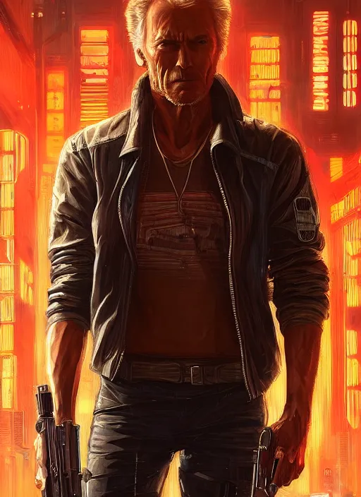 Image similar to clint eastwood. cyberpunk mercenary in a cyberpunk jumpsuit ( blade runner 2 0 4 9, cyberpunk 2 0 7 7 ). orientalist portrait by john william waterhouse and james gurney and theodore ralli and nasreddine dinet, oil on canvas. cinematic, hyper realism, realistic proportions, dramatic lighting, high detail 4 k