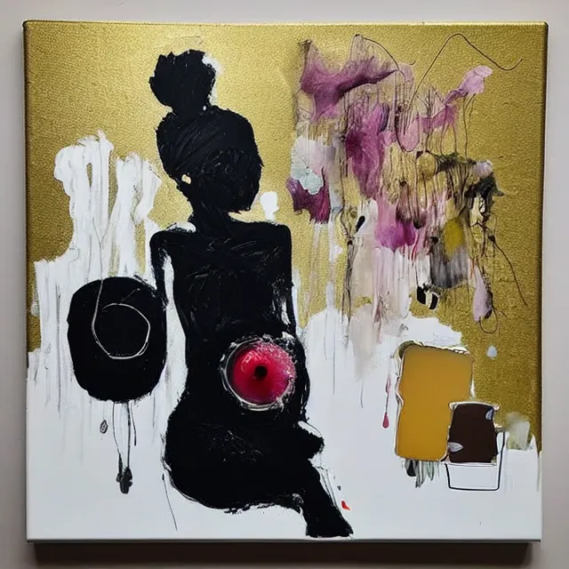 Prompt: “ a portrait in a female art student ’ s apartment, sensual, a golden doodle theme, art supplies, paint tubes, ikebana, herbs, a candle dripping white wax, black walls, squashed berries, berry juice drips, acrylic and spray paint and oilstick on canvas, surrealism, neoexpressionism ”