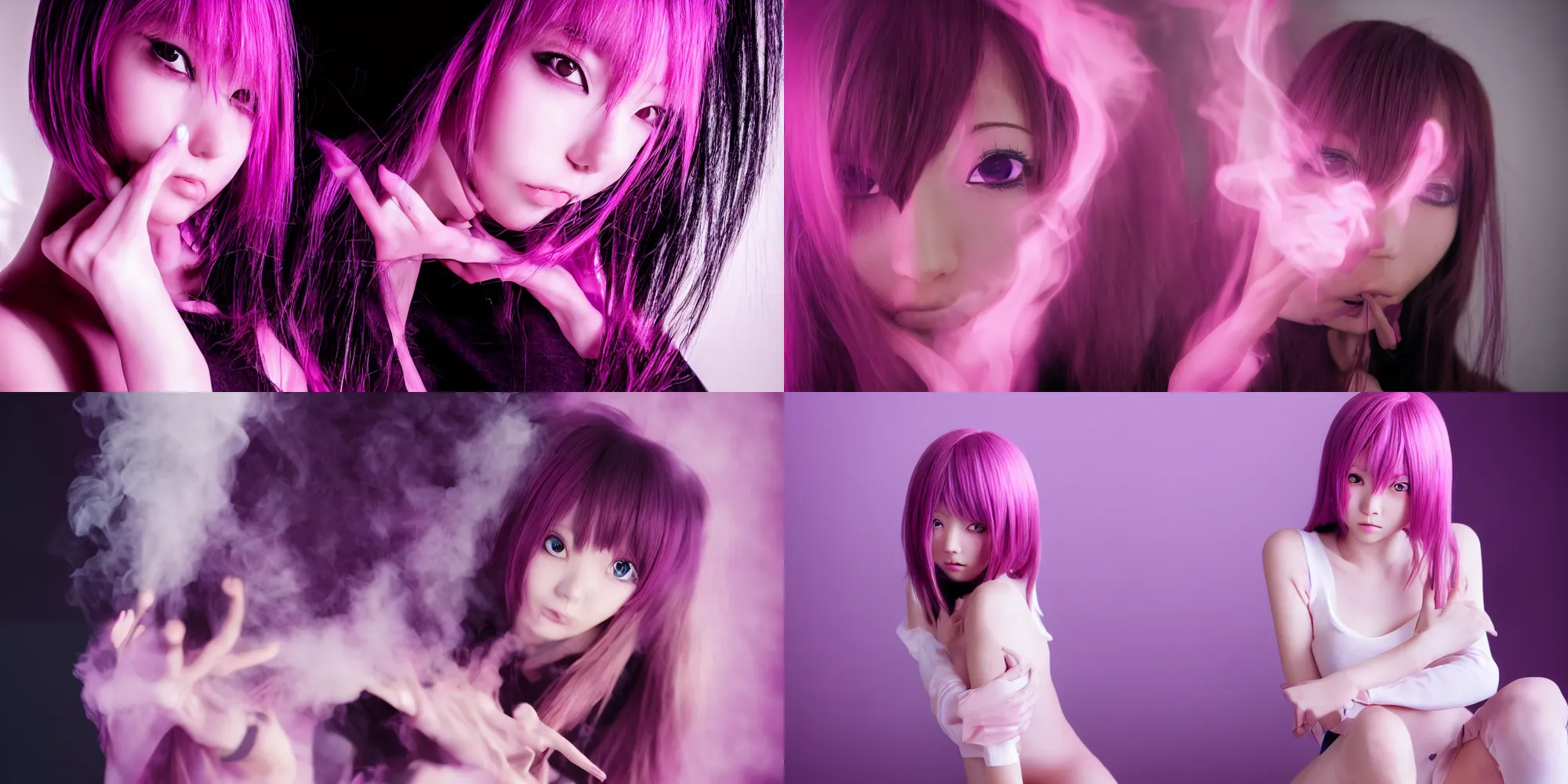 Prompt: slim anime girl, 20yo, high detail, studio, smoke, sharp, pink violet light, studio