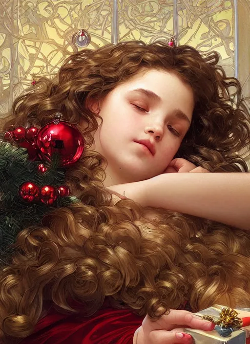 Prompt: twelve year old girl with short wavy curly hair, asleep at christmas. surrounded by gifts. high quality detailed face. beautiful painting by artgerm and greg rutkowski and alphonse mucha