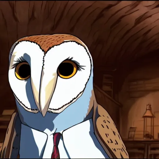 Image similar to a shot of a barn owl in a suit in howl's moving castle movie, movie shot, anime, hightly detailed, rescalated 4 k, detailed