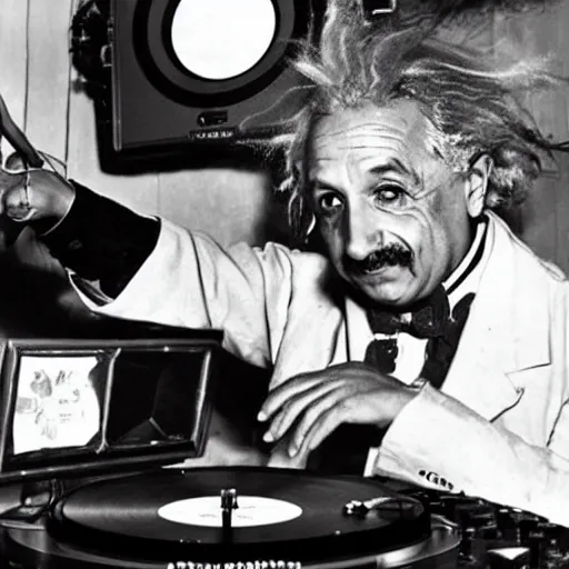 Image similar to photo of Albert Einstein DJing a record player at a nightclub, vintage, highly detailed facial features, at a nightclub