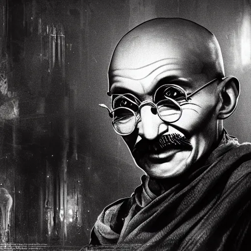 Image similar to Portrait of Mahatma Gandhi in Gears of War, splash art, movie still, cinematic lighting, dramatic, octane render, long lens, shallow depth of field, bokeh, anamorphic lens flare, 8k, hyper detailed, 35mm film grain