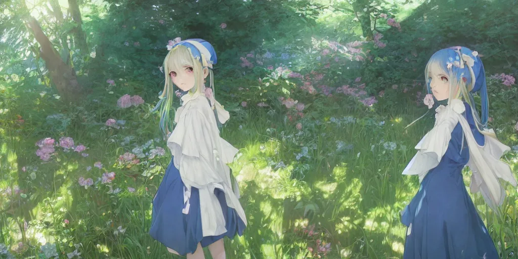 Image similar to a depressed digital art, loli in dress, garden, green and warm theme, blue accents, back lighting, highly detailed, 4 k resolution, trending on art station, by krenz cushart and mucha and akihito yoshida and greg rutkowski and makoto shinkai