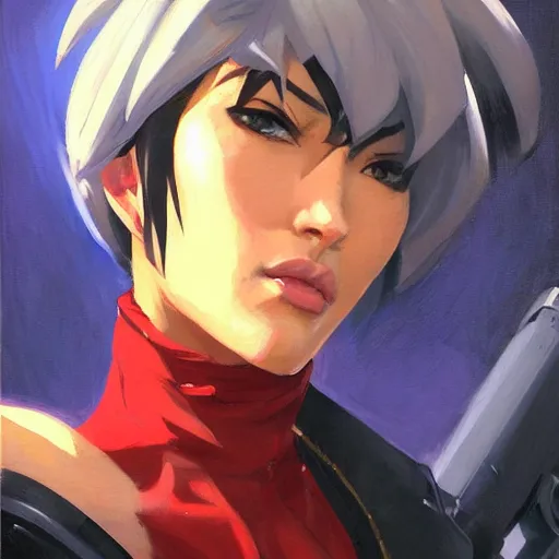 Image similar to greg manchess portrait painting of major kusanagi as overwatch character, totally whack, medium shot, asymmetrical, profile picture, organic painting, sunny day, matte painting, bold shapes, hard edges, street art, trending on artstation, by huang guangjian and gil elvgren and sachin teng