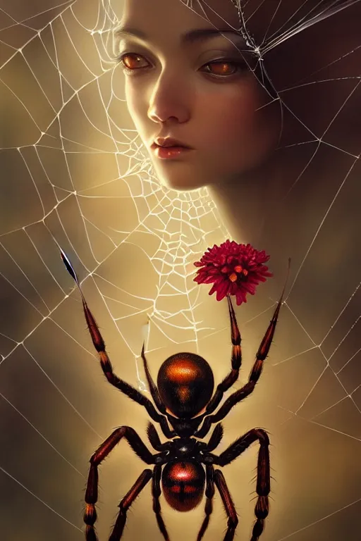 Image similar to a flower with spider legs try to catch humans by karol bak, james jean, tom bagshaw, rococo, sharp focus, trending on artstation, cinematic lighting, hyper realism, octane render, 8 k, hyper detailed, vivid, ultra detailed, highly detailed