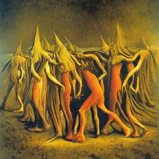 Image similar to sabbath of the witches in the style of Goya, Remedios Varo and Zdzisław Beksinski, surrealist painting