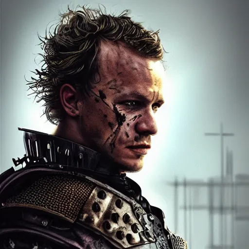 Image similar to heath ledger portrait, dystopia core, apocalyptic, armor, warrior, dramatic, sharp focus, fiction, neon, fantasy, hyper detailed, digital art, trending in artstation, cinematic lighting, studio quality, smooth render, unreal engine 5 rendered, octane rendered, art style and nixeu and wlop and krenz cushart