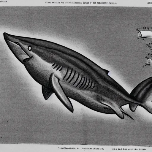 Image similar to a 1 9 2 8 scientific illustration of a shark with human legs walking on the beach