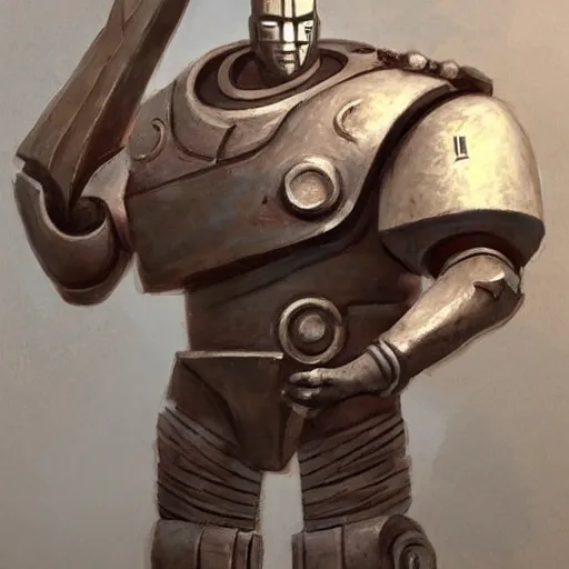 Image similar to tall bulky warforged made from stone with a sun symbol engraved on the center of the chest, that looks like karn from magic the gathering, full body portrait, humanoid, protective stance holding a weapon, dungeons and dragons, fantasy, full body portrait, detailed, oil painting,