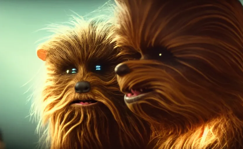 Prompt: hamster as chewbacca, movie still, star wars, cinematic, sharp focus, cinematic grain, cinematic lighting, 8 k