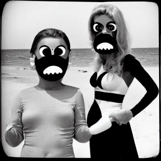 Image similar to 1969 twin women on tv show wearing an inflatable mask long prosthetic snout nose with googly eyes, soft color wearing a swimsuit at the beach 1969 color film 16mm holding a hand puppet Fellini John Waters Russ Meyer Doris Wishman old photo