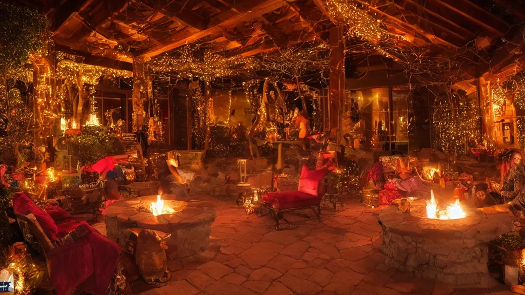 Image similar to party at midnight, bay area, peyote colors, fire pit, hot tub, candles, people, cozy, warm, beautiful, cozy environment, ornate, intricate, glowing emitting light ornaments, 8 k, rule of thirds, cinematic, highly detailed, movie still