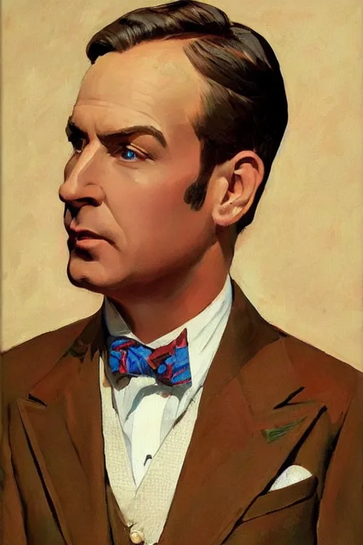 Image similar to sharp saul goodman wearing colorful suit, painting by jc leyendecker!!!, angular!!!, triangle brush strokes, ( painterly ), vintage, crisp!