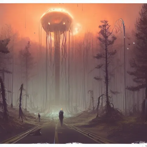 Image similar to giant eldritch horror, simon stalenhag, war of the worlds, forest