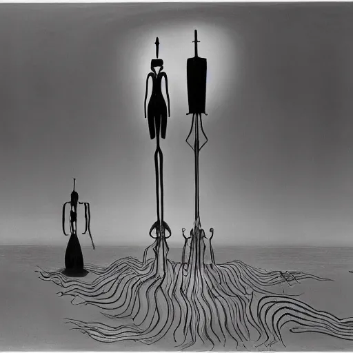 Image similar to Two extremely tall mechanical beings in a deep conversation. Dali. Yves Tanguy.