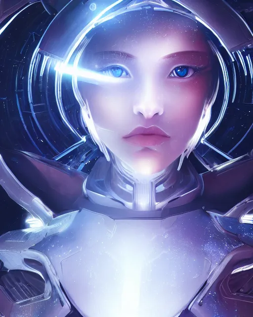 Prompt: photo of an android girl on a mothership, warframe armor, beautiful face, scifi, nebula, futuristic, space, galaxy, raytracing, dreamy, cinematic, perfect, atmosphere, aura of light, pure, white hair, blue cyborg eyes, glow, insanely detailed, intricate, innocent look, art by akihiko yoshida, kazuya takahashi
