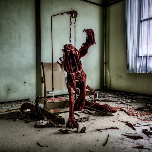Prompt: high definition colour photo of a monster strapped to a rusty old hospital bed in an abandoned hospital, real life photography, horror, biological photo, fullbody, dynamic lighting, beautiful, scary
