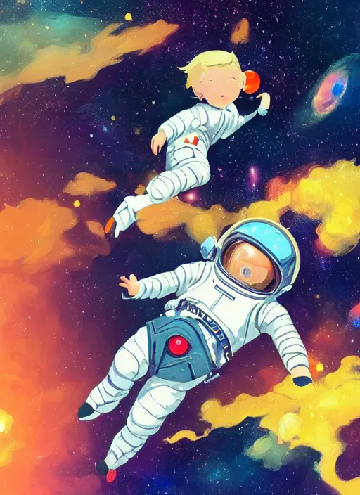 Image similar to little boy with short blonde hair. he is floating in space. he is wearing a space suit. background is a nebula. clean cel shaded vector art. shutterstock. behance hd by lois van baarle, artgerm, helen huang, by makoto shinkai and ilya kuvshinov, rossdraws, illustration, art by ilya kuvshinov