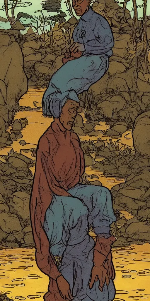 Image similar to Artwork of The Ancestral Prophet Of The Rivers by Hergé, Trending on artstation