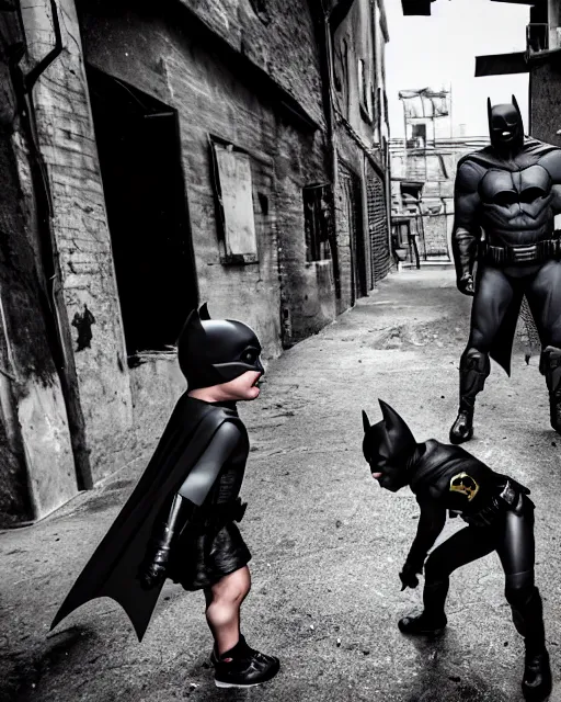 Image similar to batman beating up crying children in an alleyway, everyone having fun, toy product advertisement, photography, canon