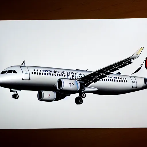 Prompt: a very detailed pencil drawing of an airbus a 3 2 0 airplane 4 k, high resolution, still, landscape, hd, dslr, hyper realistic, sketch