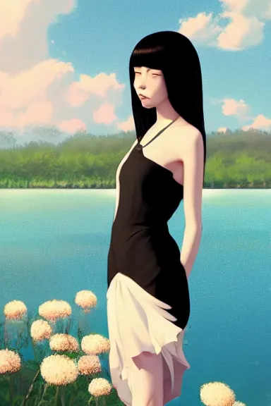 Prompt: mysterious girl with her long black hair dressed in a simple white dress swimming in a lake with flowers, anime art style, digital art by ilya kuvshinov, inspired by balthus, hd, 4 k, hyper detailed, side view