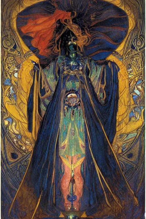 Prompt: queen of the dead with her lantern and regalia, by Annie Swynnerton and Nicholas Roerich and jean delville and Gaston Bussière, black leather and embroidered velvet, iridescent beetles, rich color, dramatic cinematic lighting, extremely detailed