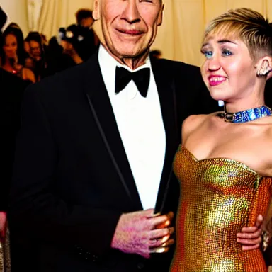 Prompt: a photograph of Miley Cyrus standing next to Patrick Stewart at the Met Gala