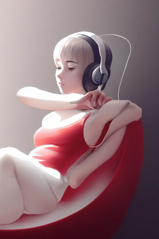 Prompt: a cute young woman lying in a ball chair while listening to music with her eyes closed and wearing headphones by Ilya Kuvshinov and Range Murata, white bob cut hair, red and white, cozy setting, soft lighting, atmospheric, cinematic, moody, digital painting, Krenz Cushart, Eero Aarnio, 8k