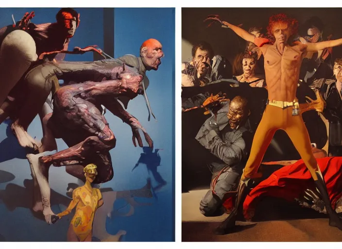 Image similar to a still from the movie avengers : infinty war of francis bacon and norman rockwell and james jean, a still from the movie the fly, and mark brooks, triadic color scheme, by greg rutkowski, syd mead and edward hopper and norman rockwell and beksinski, dark surrealism, orange and turquoise