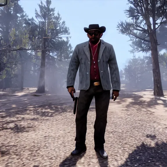 Prompt: screenshot of big smoke, with green grove street clothing, grey trilby hat and thick square frame glasses, in red dead redemption 1