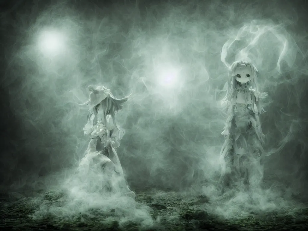 Prompt: cute fumo plush girl ghost in the haze of the murky river, smoke and volumetric fog, tattered gothic horror maiden, fallen angel, green lens flare, light shafts, light and shadow, vray