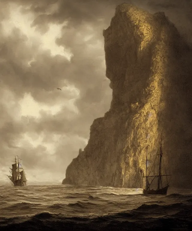 Image similar to photorealistic sepia painting of a pirate ship sailing in front of a tropical island cliff with the mouth of a grotto at the waterline, dark, brooding, atmospheric, lovecraft, by dave dorman