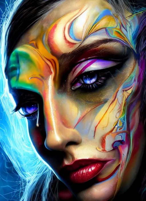 Prompt: tripping magic cult psychic woman, painted face, third eye, energetic consciousness psychedelic, epic surrealism expressionism symbolism, ultra high definition, unreal engine 5, volumetric lighting cinematic ray trace photorealism, symmetrical face, dark myth mythos, by sandra chevrier, peter kemp, masterpiece