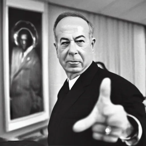 Image similar to photo of yitzhak rabin pointing at benjamin netanyahu on the background of the knesset, 5 0 mm, beautiful photo