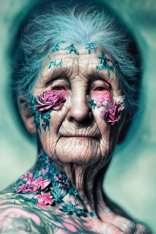 Image similar to hyperrealistic hyper detailed close-up side portrait of old woman covered in rococo flower tattoos matte painting concept art hannah yata very dramatic dark teal lighting low angle hd 8k sharp 35mm shallow depth of field