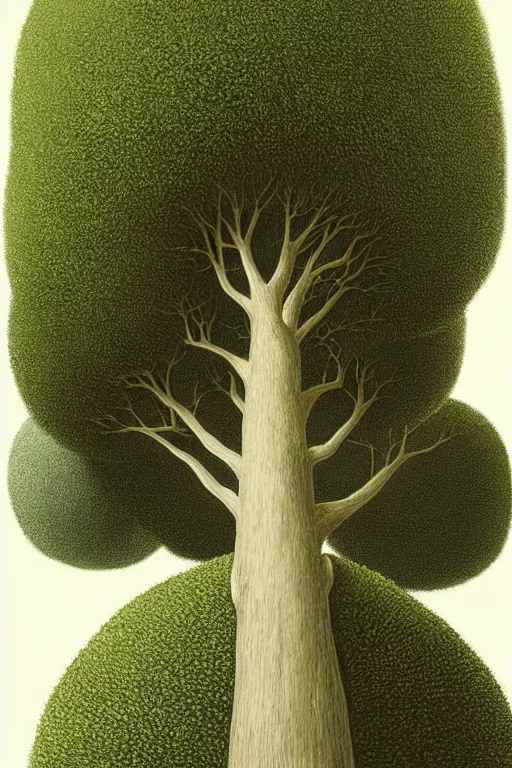 Prompt: a tree with a pompom shaped canopy viewed from a low angle, digital illustration by chris van allsburg and artgerm, intricate details, surreal, photorealistic, award winning