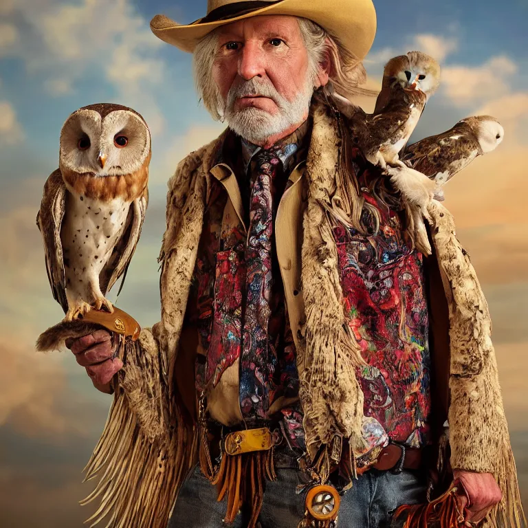 Image similar to high fashion photoshoot octane render portrait by wayne barlow and carlo crivelli and glenn fabry, a distinguished old cowboy wearing a colorful wes anderson designed cowboy costume and holding a barn owl inside a high - end exotic colorful pastel vintage boutique hotel lounge, very short depth of field, bokeh