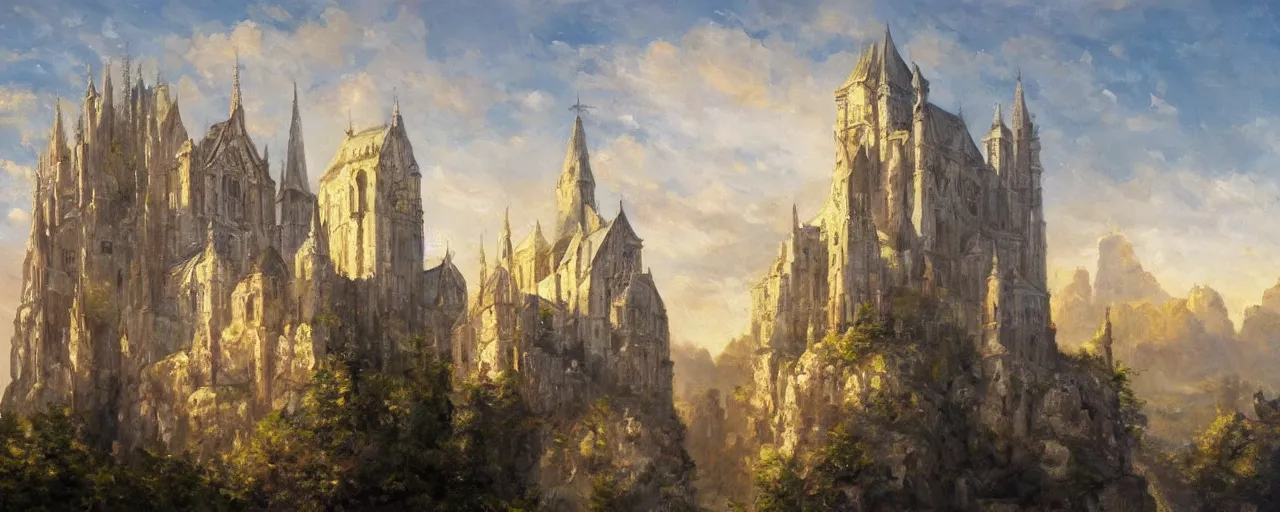 Image similar to white monastery with large tower upon sheer lime cliffs, a ray of sun illuminating, oil painting, high fantasy, extremely detailed