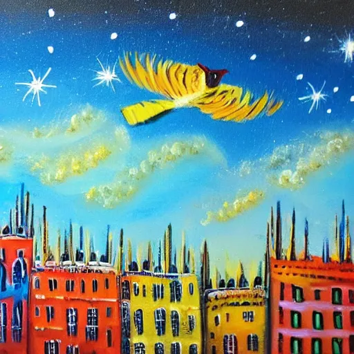 Image similar to paint acrylic a bird fly in the sky in the night over a town