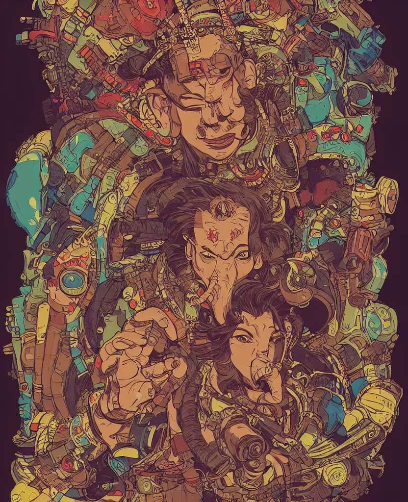 Prompt: ganesha, cyberpunk mercenary portrait illustration, pop art, splash painting, art by geof darrow, ashley wood, alphonse mucha, makoto shinkai