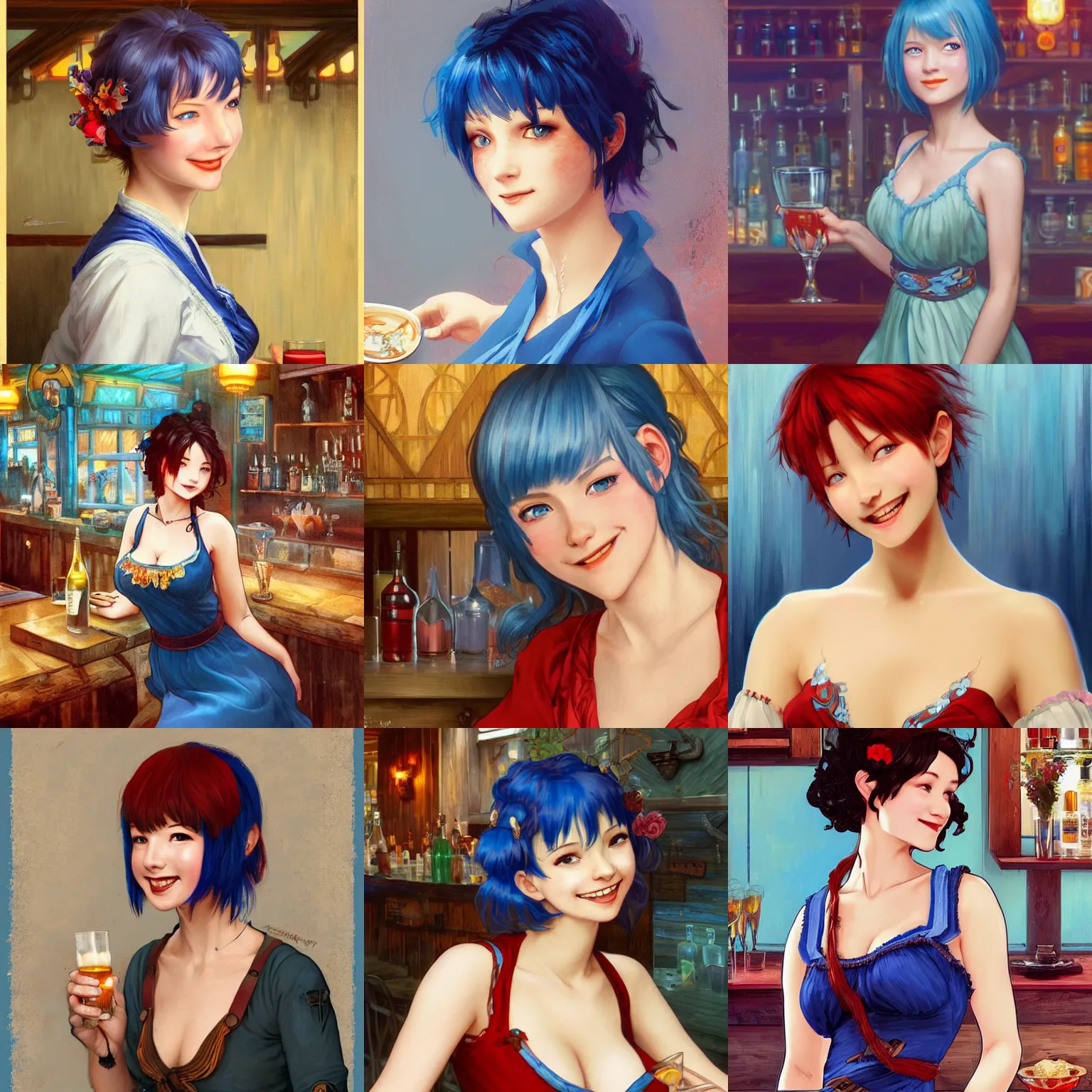 Prompt: a smiling happy beautiful barmaid with short blue hair wearing a red dress in a rustic saloon, beautiful blue eyes, fantasy, intricate and very beautiful and elegant, highly detailed, digital painting, artstation, concept art, smooth and sharp focus, illustration, art by tan zi and ayanamikodon and alphonse mucha and wlop