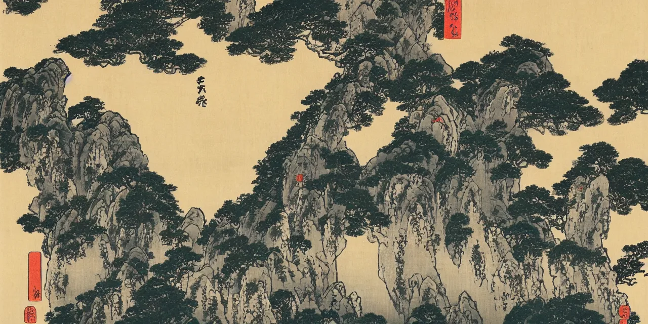 Image similar to taoist temples in huangshan, landscape by katsushika hokusai
